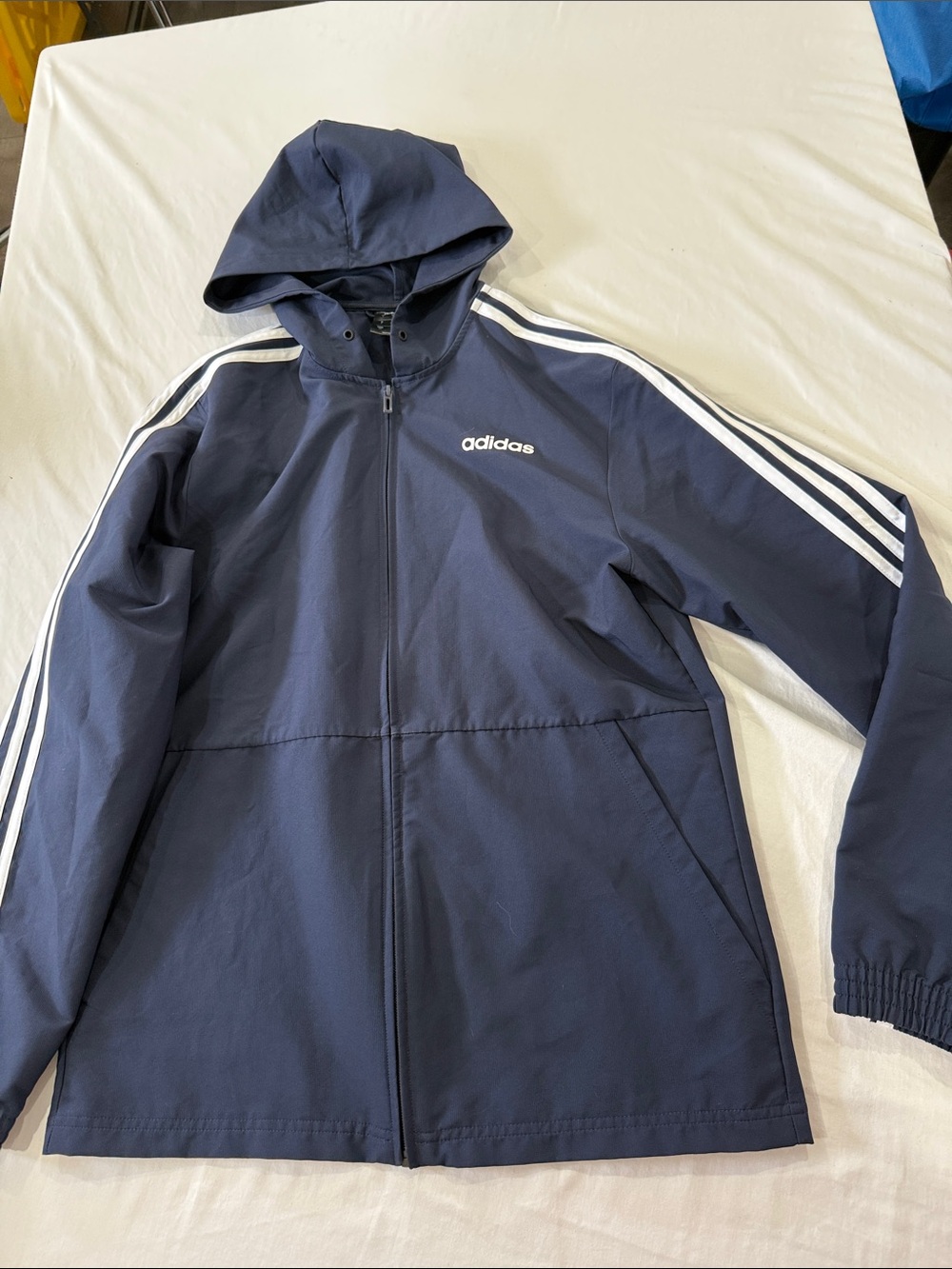 adidas Navy Hooded Windbreaker with White Three-Stripes